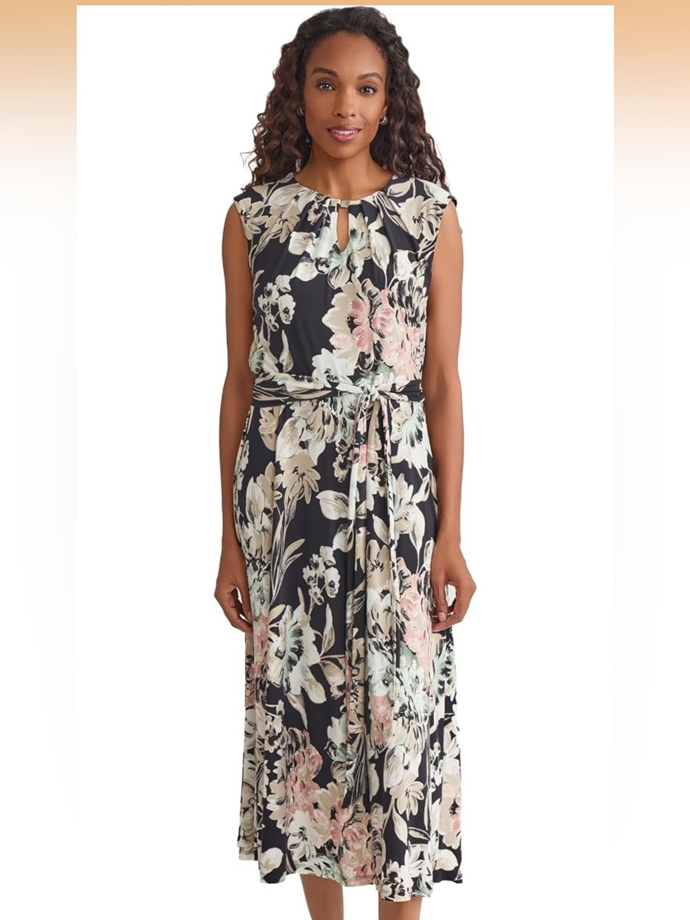Floral Black Midi Dress with Tie Waist